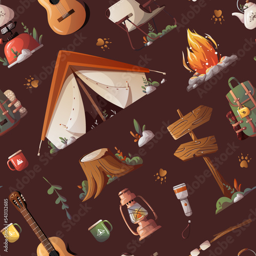 Seamless pattern with tent, guitar, campfire. Camping, traveling, trip, hiking, nature, campsite concept. Vector illustration. Perfect for product design, wallpaper, wrapping paper.