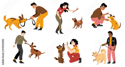 Happy people playing with dogs and smiling, flat vector illustration set isolated on white background. Male and female characters having fun, training, walking pets. Human and animal friendship