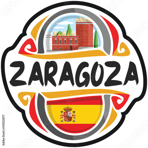 Zaragoza Spain Flag Travel Souvenir Sticker Skyline Landmark Logo Badge Stamp Seal Emblem SVG EPS