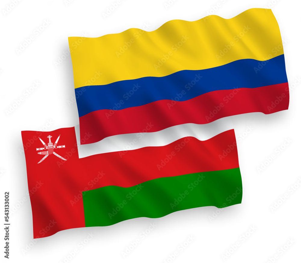 Naklejka premium National vector fabric wave flags of Sultanate of Oman and Colombia isolated on white background. 1 to 2 proportion.