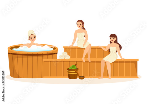 Sauna and Steam Room with People Relax, Washing Their Bodies, Steam or Enjoying Time in Flat Cartoon Hand Drawn Templates Illustration