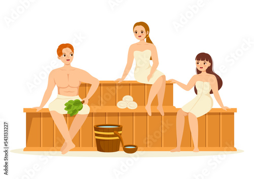 Sauna and Steam Room with People Relax, Washing Their Bodies, Steam or Enjoying Time in Flat Cartoon Hand Drawn Templates Illustration