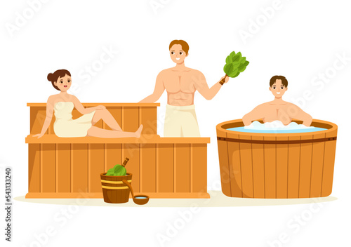 Sauna and Steam Room with People Relax, Washing Their Bodies, Steam or Enjoying Time in Flat Cartoon Hand Drawn Templates Illustration