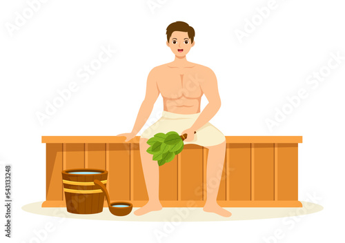 Sauna and Steam Room with People Relax, Washing Their Bodies, Steam or Enjoying Time in Flat Cartoon Hand Drawn Templates Illustration