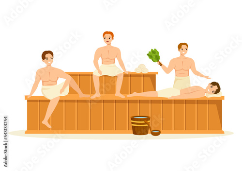 Sauna and Steam Room with People Relax, Washing Their Bodies, Steam or Enjoying Time in Flat Cartoon Hand Drawn Templates Illustration