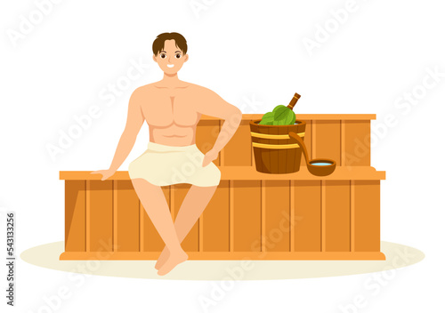 Sauna and Steam Room with People Relax, Washing Their Bodies, Steam or Enjoying Time in Flat Cartoon Hand Drawn Templates Illustration