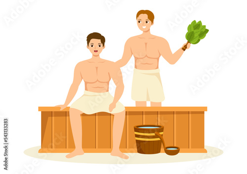 Sauna and Steam Room with People Relax, Washing Their Bodies, Steam or Enjoying Time in Flat Cartoon Hand Drawn Templates Illustration