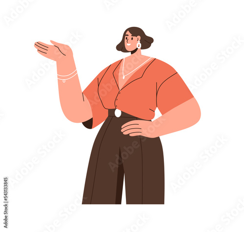 Happy young woman presenting, showing smth with hand gesture. Smiling girl advertising, pointing to side. Presenter explaining, speaking. Flat vector illustration isolated on white background