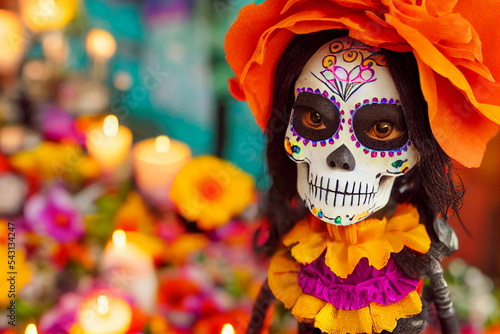Hispanic heritage sugar skull marigold Festive dia de los muertos background 3d render digital illustration