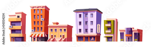 City buildings, modern houses architecture book store, coffee house and bank facades. Multistory and low-rise dwellings, shop, cafe or hotel with glass windows exterior, Cartoon vector illustration