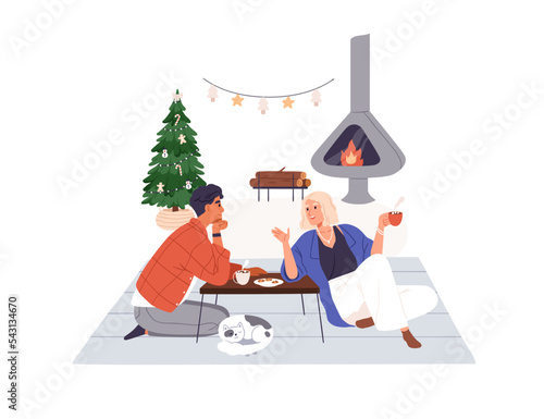 Couple at home at Christmas. Happy man and woman relaxing by fireplace in evening. Family drinking cacao, talking at Xmas eve on winter holiday. Flat vector illustration isolated on white background