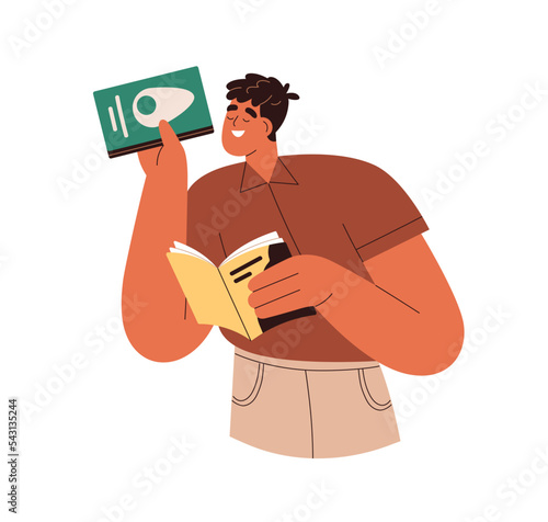 Happy man reader holding paper literature in hands. Young excited guy taking fiction novels for reading, enjoying. Cheerful bookworm character. Flat vector illustration isolated on white background