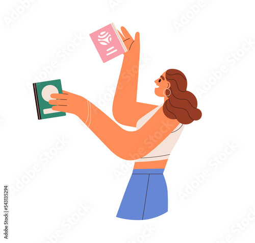 Happy woman holding, taking paper books. Young girl bookworm with literature to read. Excited reader with modern novels, magazines in hands. Flat vector illustration isolated on white background