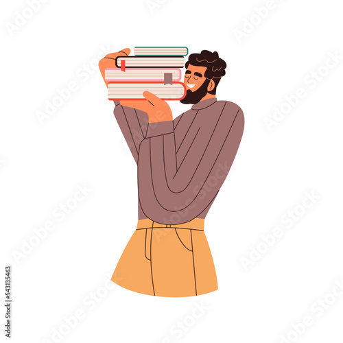 Happy man student carrying, holding heavy paper books stack from library. Excited reader, smiling guy bookworm with literature to read. Flat vector illustration isolated on white background