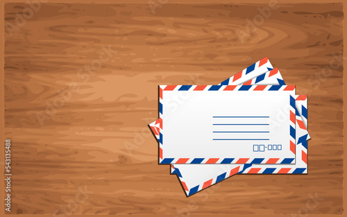 International air mail envelope pile on wooden background. Foreign letters brown  table. Post card wrappers. Vector illustration.