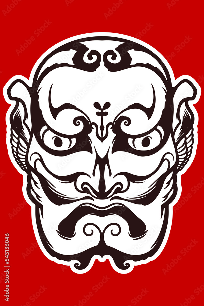 Hand drawn white japanese traditional mask isolated on red background. Hand drawn white japanese traditional mask isolated on red background.