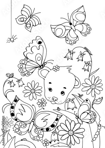 Contour coloring book for children. Teddy bear in the garden among butterflies and flowers.