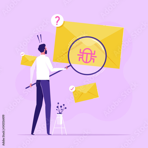 Man looking at letter in envelope through magnifying glass and seeing virus, malware. Concept of spam message, suspicious e-mail, online safety or security, flat vector illustration