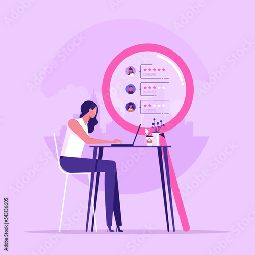Businesswoman or manager at the table. A laptop employs a hiring and recruiting specialist. The concept of finding people to work, view vacancies and resumes, flat vector illustration