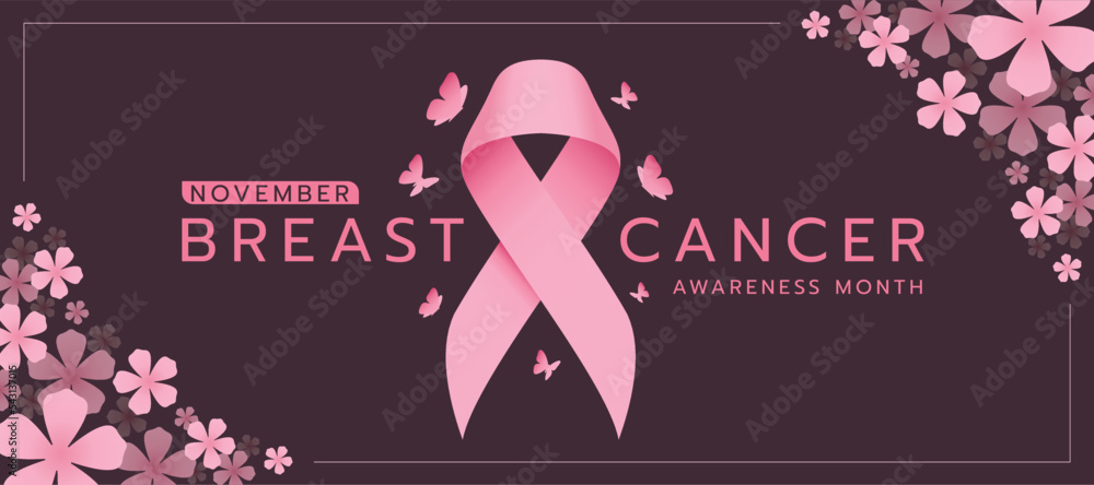 Fototapeta premium Breast cancer awareness month text and pink ribbon sign with butterflys flying around in flower frame on dark brown background vector design