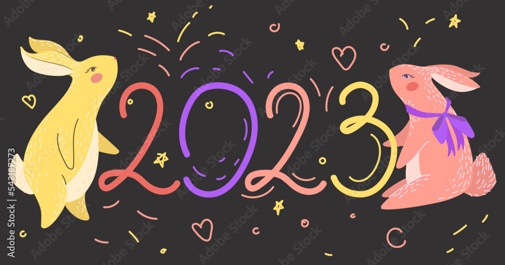 Banner for New Year 2023 in doodle style with rabbits.