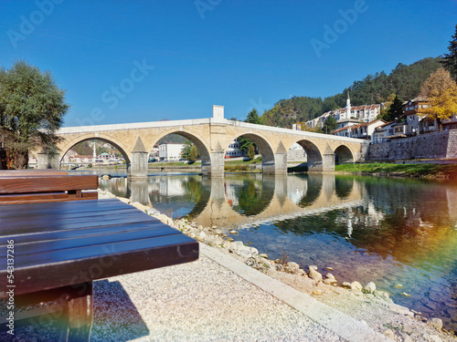 KONJIC  BOSNIA AND HERZEGOVINA - OCTOBER 27th  2022. Bridge in Konjic  autumn view  sunny day. Pure nature.