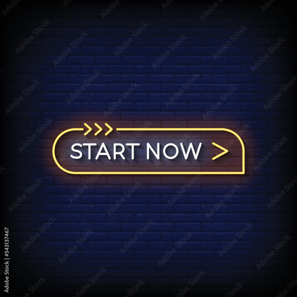 Obraz premium Neon Sign start now with brick wall background vector