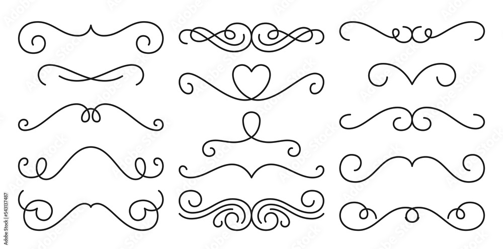 Divider border calligraphy decor set. Frame linear victorian flourishes. Vintage vignette scrolls, swirl black line pattern. Festive hand drawn retro typographic design element for card, menu, diploma Divider border calligraphy decor set. Frame linear victorian flourishes. Vintage vignette scrolls, swirl black line pattern. Festive hand drawn retro typographic design element for card, menu, diploma