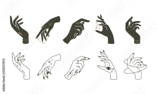 Set of mystical esoteric hand logo. Flat vector occult design