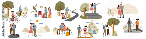 Set couple travel, young tourists visit famous landmarks, catching car on road, climbing mountains. Man and woman with backpacks riding bicycle, hiking, making photo Cartoon linear vector illustration