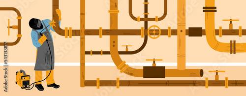 Welder worker welding pipeline with pipes and steel constructions. Factory employee character wear protective helmet working with professional industrial equipment, Cartoon linear vector illustration