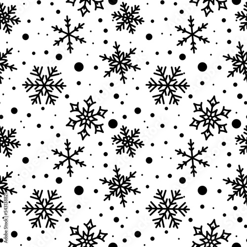 Snowflake black line seamless pattern. Winter ornate ice star background. Linear snow flakes repeat ornament. Xmas paper wrap  fabric print  wallpaper decor. Frosty Christmas New Year wrapping paper