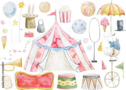 cute childish set with circus elements, party, perfomance collection, clipart