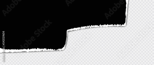 Torn black paper with soft shadow stuck on white grey square transparent background. Abstract piece of black ripped paper vector illustration design suitable for decorative, banner, sticker, poster.