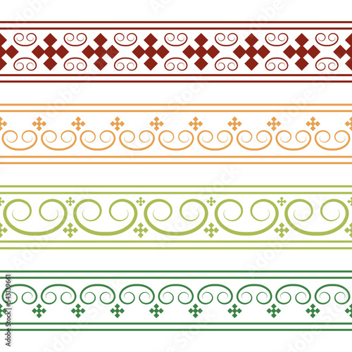 Vector set of seamless endless colored Yakut ornaments. Frames  borders  enclosures  drawing of the Far East. Central Asia traditional pattern. Sakha ornaments vector illustration. Ethnic pattern. 