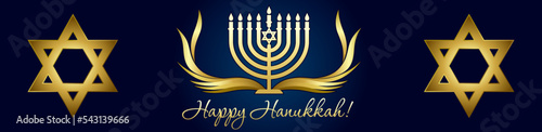 Happy Hanukkah, golden menorah for social media banner. Jewish holiday Hanukka greeting card with traditional Chanukah symbol menorah candles and David star. Vector template