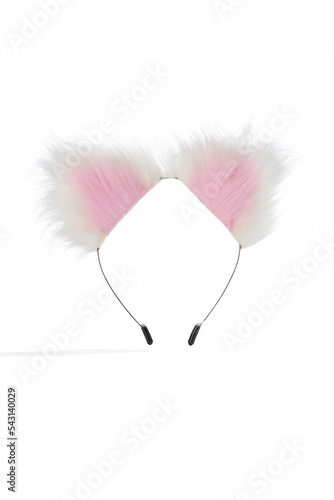 Close-up shot of a pink and white ears headband for adult games. The headband with furry ears with black tips is isolated on a white background. Front view.