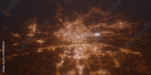 Street lights map of Seville (Spain) with tilt-shift effect, view from west. Imitation of macro shot with blurred background. 3d render, selective focus