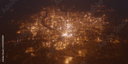 Street lights map of Minneapolis (Minnesota, USA) with tilt-shift effect, view from east. Imitation of macro shot with blurred background. 3d render, selective focus