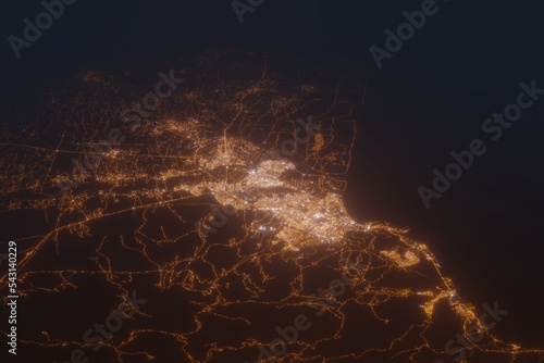 Aerial shot of Agadir (Morocco) at night, view from north. Imitation of satellite view on modern city with street lights and glow effect. 3d render