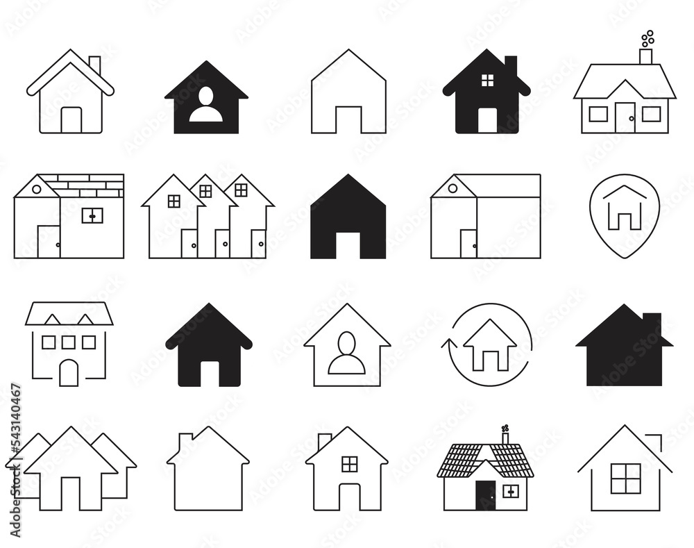 Collection home icons. Real estate symbols set. Home, House, Agent, Plan, Realtor icon. Real estate icons set. Vector illustration. Lines with editable stroke