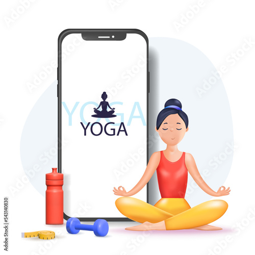 Interactive online yoga workout with personal coach on screen of mobile phone. Tiny man training at home, people practice meditation, sport exercises 3d vector illustration.