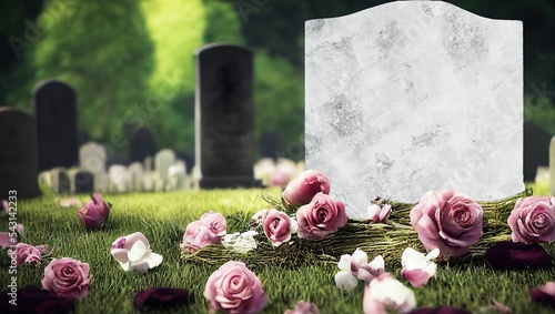 White marble gravestone with pink roses on the ground in a graveyard