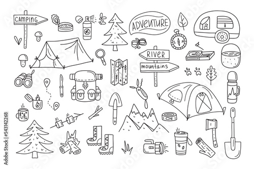 Set of camping vector elements in doodle style on white mon for your design