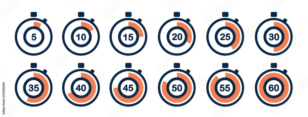 Timer icons on a white background. Countdown in the form of a timer. Timer icons on a white background. Countdown in the form of a timer.