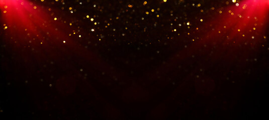 background of abstract red, gold and black glitter lights. defocused