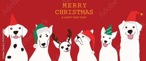 Merry christmas and happy new year concept background vector. Collection drawing of white cute dogs with christmas hat. Design suitable for banner, invitation, card, greeting, banner, cover.