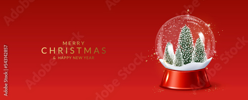 Christmas and New Year greeting card with transparent snow globe with fir trees.	