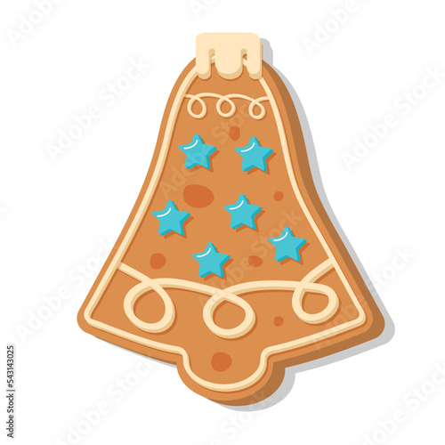 Christmas gingerbread bell. New Year decorative glazed cookie. Winter homemade sweet.