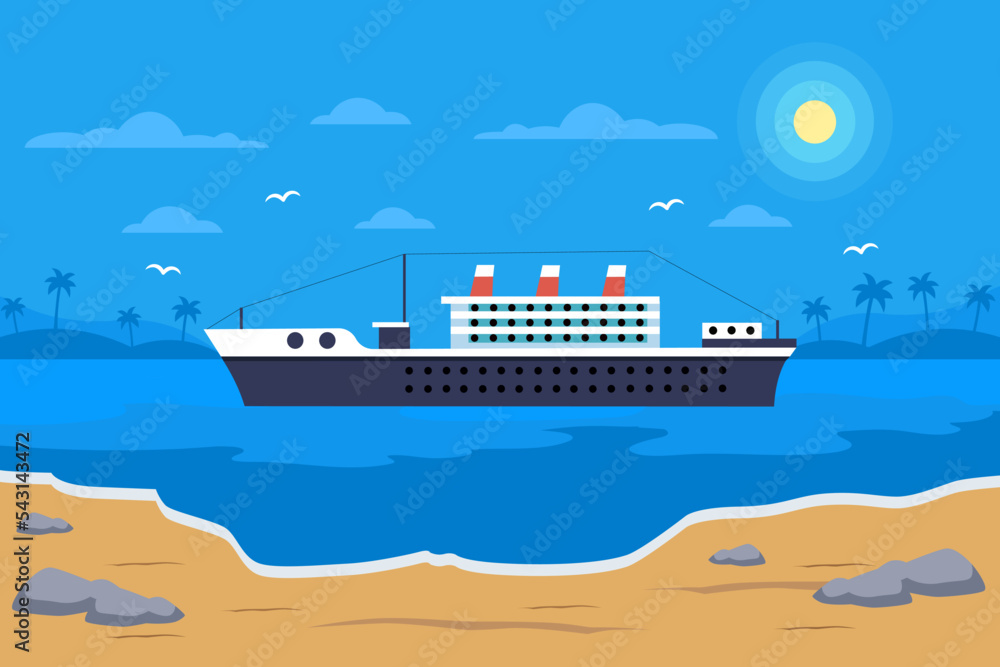 Obraz premium Landscape illustration with beautiful container ship ocean night view. sea landscape vector illustration.